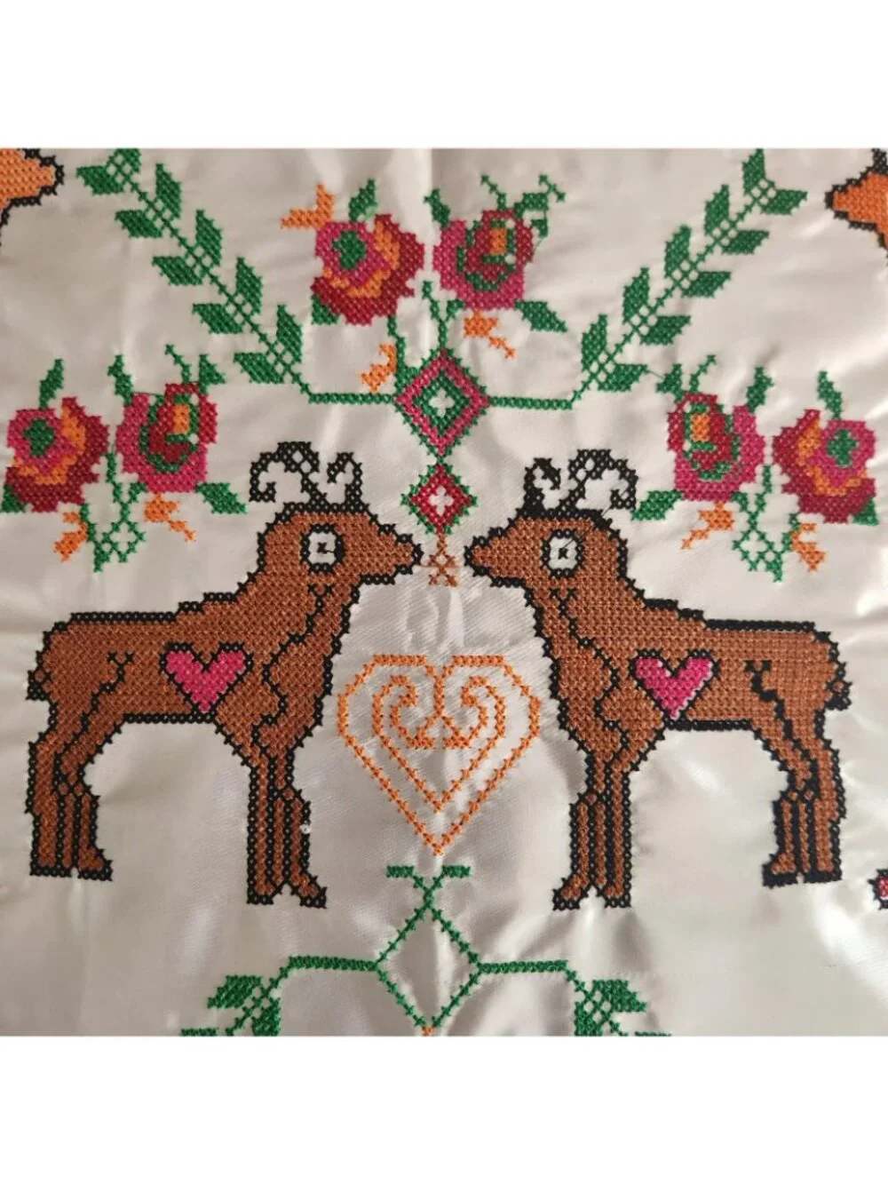 Artisan Handmade Embroidered Slavic Folk Pillow Cover Cottagecore White Satin